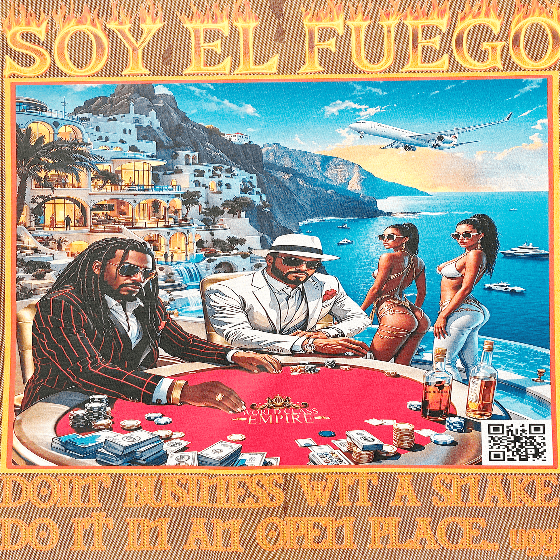 Soy El Fuego casino graphic design - Latin market luxury streetwear detail
