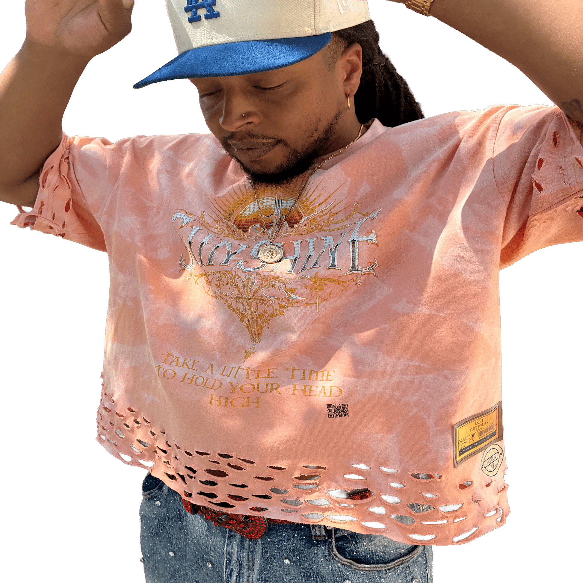 "SUNSHINE Tee front view - Premium tie-dye luxury streetwear"